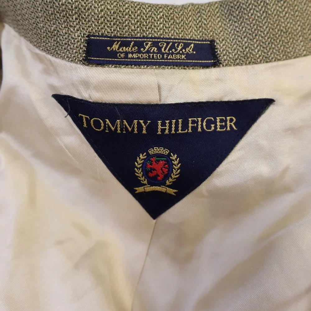 Tommy Hilfiger Mens 44L Blazer Olive Green Three Button Sport Coat USA Made Vtg